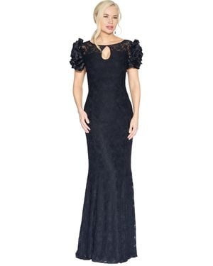 White Tie By Shani Satin Floral-sleeve Keyhole Lace Gown - Blue