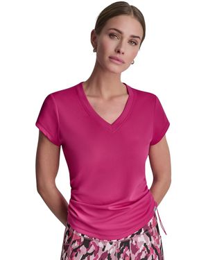 DKNY Ruched Side Seams V-neck Tech T-shirt - Red