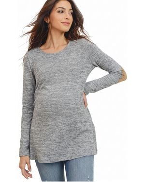 Hello Miss Maternity Long-sleeve Contrast Elbow Patch Side-slit Tunic Top - Gray