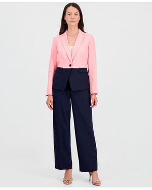 Le Suit Colorblocked One-button Peplum Jacket & Fly-front Wide-leg Pants Suit - Blue