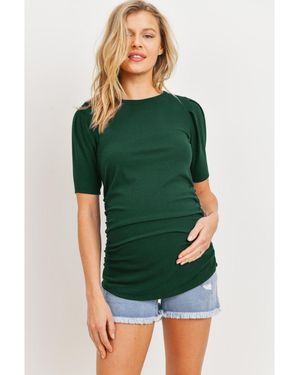 Hello Miss Maternity Ribbed Ruched Short Sleeve Puff Top - Green