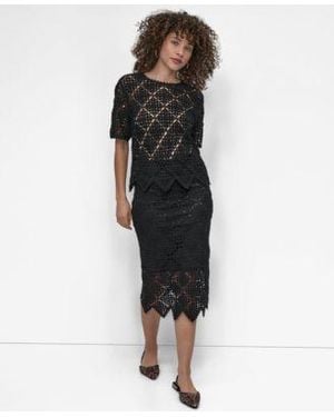 DKNY Crocheted Short Sleeve Sweater Midi Sweater Skirt - Black