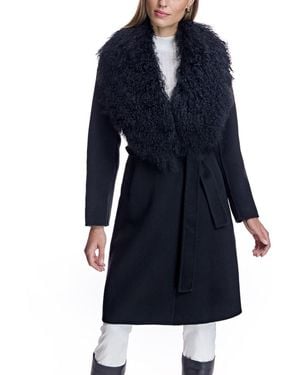 Julia & Stella By Maximilian Wool Wrap Coat With Shearling Trim - Blue