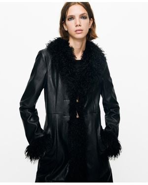Mango Fur Trim Faux-leather Coat - Blue