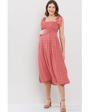 Hello Miss Maternity Floral Smocked Sleeveless Midi Dress - Pink