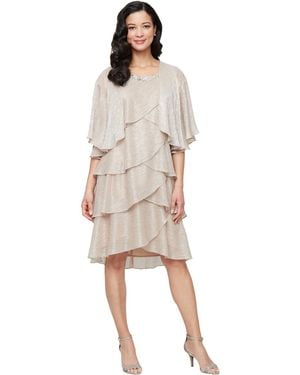 Sl Fashions Petite Crewneck Embellished Tiered Jacket Dress - Natural