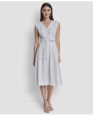 DKNY Cap Sleeve V Neck Embroidered Midi Dress - White