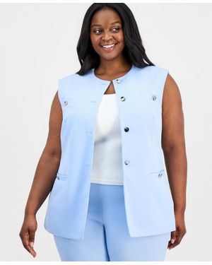 Anne Klein Plus Size Round-neck Button-front Stretch Crepe Vest - Blue