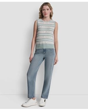 DKNY Sleeveless Logo Pointelle Striped Sweater - Blue