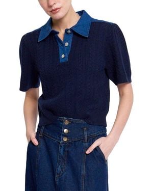 Central Park West Nash Cable-knit Puff-sleeve Denim-collar Polo Shirt - Blue