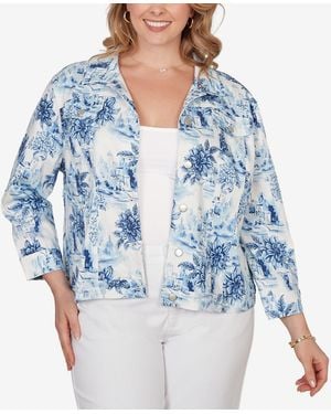 Ruby Rd. Plus Size Toile Print Trademark Denim Jacket - Blue