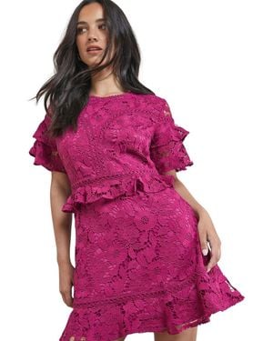Oasis Lace Trim Detail Frill Sleeve Mini Dress - Purple