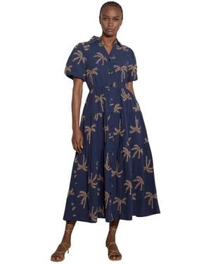 Apricot Embroidered Puff-sleeve Tiered Midi Dress - Blue