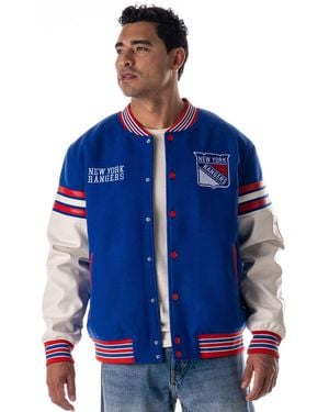 The Wild Collective And New York Rangers Drop Shoulder Full-snap Varsity Jacket - Blue