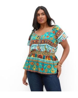 City Chic Plus Size Amaria Puff-sleeve Print Tie-front Top - Blue