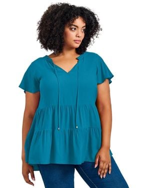 Avenue Plus Size Lani Flutter Sleeve Tiered Top - Blue