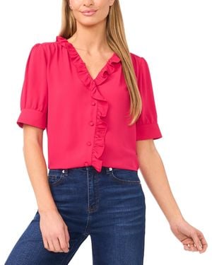 Cece Puff Short-sleeve Button Down Ruffle Top - Red