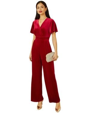 Yumi' Angel Sleeve Velvet Jumpsuit - Red