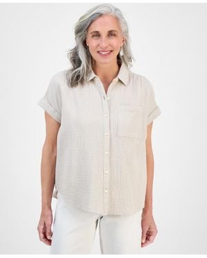 Style & Co. Petite Cotton Gauze Camp Shirt - White