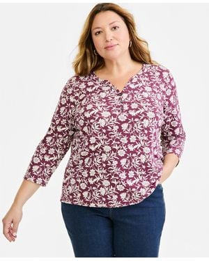 Style & Co. Plus Size Glistening Floral Henley 3/4-sleeve Cotton-blend Top - Red