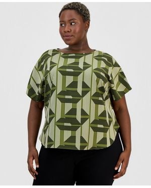 Anne Klein Plus Size Printed Boat-neck Short-sleeve Top - Green