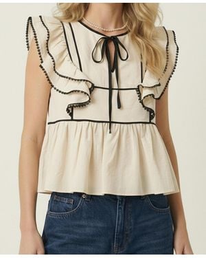 Modenaire Ruffle-sleeve Contrast-trim Peplum Top - Natural