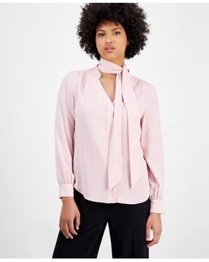 BarIII Tie-neck Long-sleeve Blouse - Pink