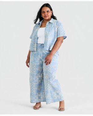 And Now This Trendy Plus Size Embroidered Wide Leg Jeans - Blue
