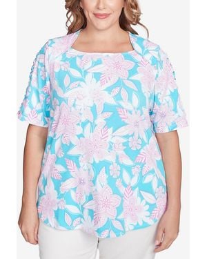Ruby Rd. Plus Size Floral Oasis Square Neck T-shirt - Blue