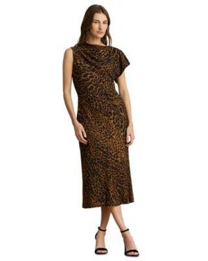 Ralph Lauren Asymmetrical Neck Ocelot Print Pleated Crepe Dress - Brown