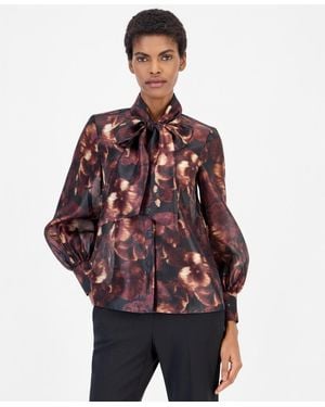 Anne Klein Bow Neck Long Sleeve Floral Blouse - Red