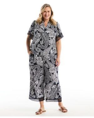 Rafaella Plus Size Paisley Print Flutter Lace Short Sleeve Blouse Crochet Trim Pant - Multicolor