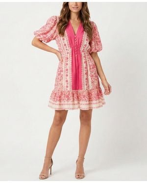 Taylor Petite Printed V-neck Puff-sleeve Ruffled-hem Dress - Pink