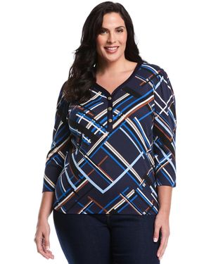 Rafaella Plus Size Plus Size Tossed Stripe Print 3/4 Puff Sleeve V-neck Top - Blue