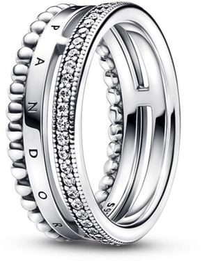 PANDORA Signature Logo Pave And Beads Ring - White