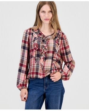 Nautica Ruffled Long-sleeve Plaid Blouse - Red