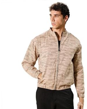 Campus Sutra Sand Beige Lined-jacquard Bomber Jacket - Natural