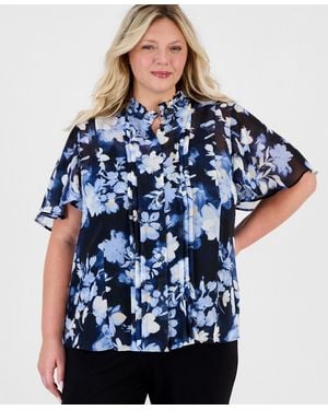 Anne Klein Plus Size Pleated-placket Flutter-sleeve Blouse - Blue