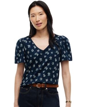 Tommy Hilfiger Printed Contrast Trim Puff-sleeve V-neck Top - Blue