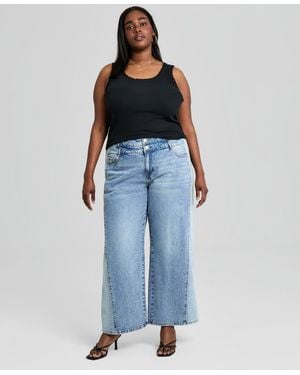 And Now This Trendy Plus Size Side-panel Double-button Jeans - Blue