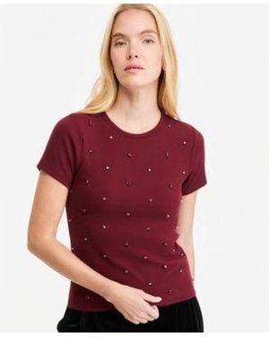 On 34th Ribbed Rhinestone Embellished T Shirt Macys Exclusive - Red