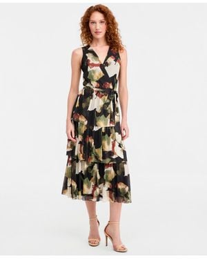 Anne Klein Petite Tiered V-neck Midi Dress - Multicolor
