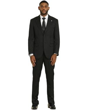 Stacy Adams Big & Tall Tone On Tone 3-piece Jacket With Solid Vest And Pants Suit Peak Lapel - Black