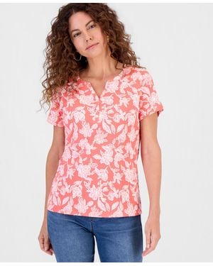 Style & Co. Printed Short- Sleeve Henley Top - Red