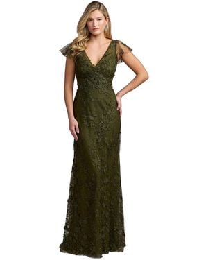 Mac Duggal Floral-print Embroidered Applique Flutter Sleeve Gown - Green