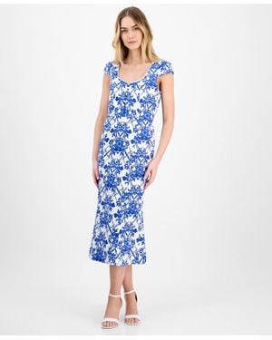 Anne Klein Printed Sweetheart-neck Short-sleeve Midi Dress - Blue