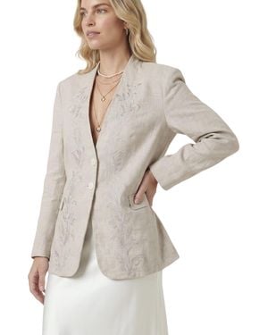 Modenaire Floral-embroidered Puff-sleeve Linen Blazer - Natural