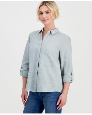 Style & Co. Petite Perfect Button-front Roll-tab Cotton Shirt - Blue