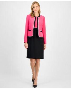 Kasper Contrast Trim Open Front Jacket Colorblock Sheath Dress - Pink