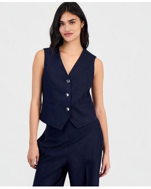 BarIII Linen-blend Button-front Vest - Blue